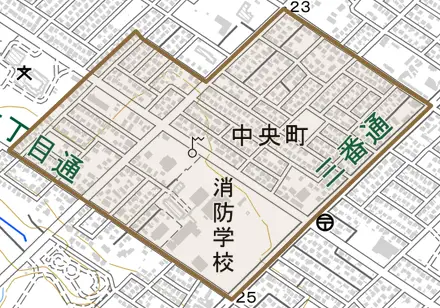 中央町とその周辺の地図。町の範囲を重ねている