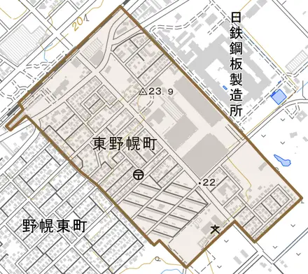 東野幌町とその周辺の地図。町の範囲を重ねている