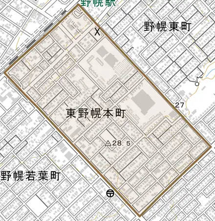 東野幌本町とその周辺の地図。町の範囲を重ねている