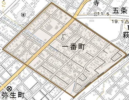 一番町とその周辺の地図。町の範囲を重ねている