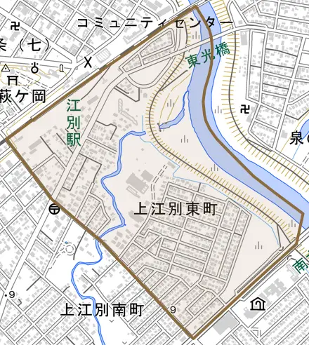 上江別東町とその周辺の地図。町の範囲を重ねている