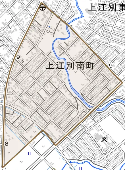 上江別南町とその周辺の地図。町の範囲を重ねている