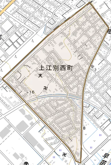上江別西町とその周辺の地図。町の範囲を重ねている