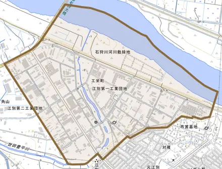 工栄町とその周辺の地図。町の範囲を重ねている