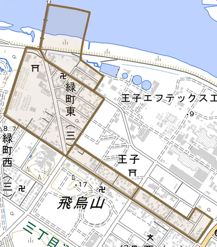 緑町東とその周辺の地図。町の範囲を重ねている