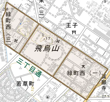 緑町西とその周辺の地図。町の範囲を重ねている