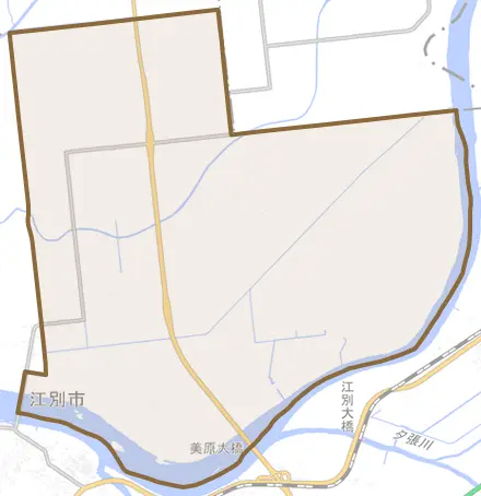美原とその周辺の地図。町の範囲を重ねている