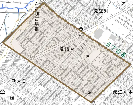 見晴台とその周辺の地図。町の範囲を重ねている