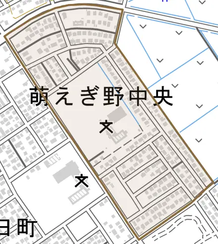 萌えぎ野中央とその周辺の地図。町の範囲を重ねている