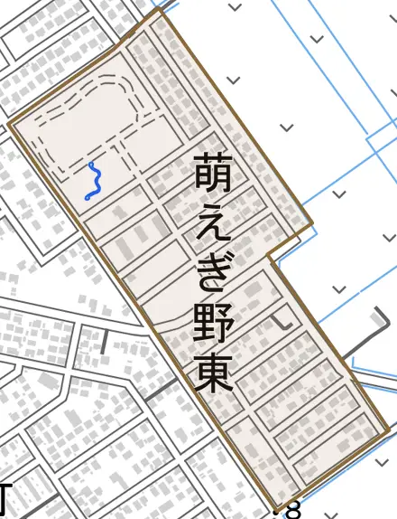 萌えぎ野東とその周辺の地図。町の範囲を重ねている