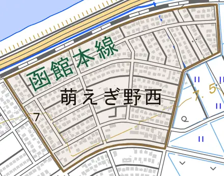 萌えぎ野西とその周辺の地図。町の範囲を重ねている