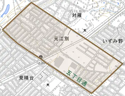 元江別とその周辺の地図。町の範囲を重ねている