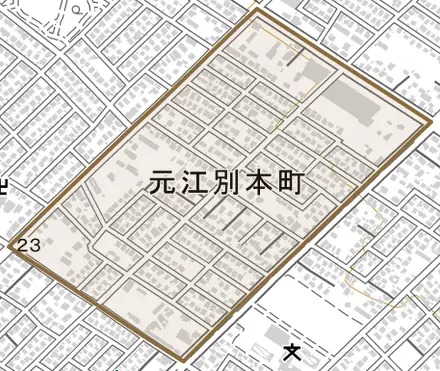 元江別本町とその周辺の地図。町の範囲を重ねている