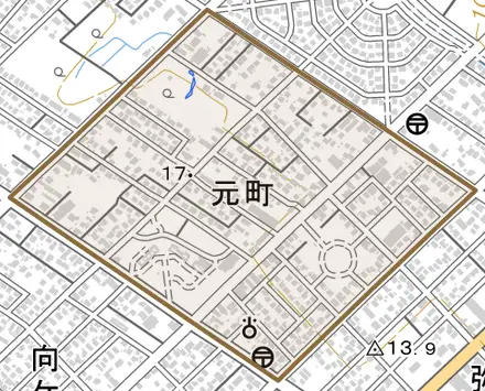 元町とその周辺の地図。町の範囲を重ねている