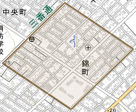 錦町とその周辺の地図。町の範囲を重ねている
