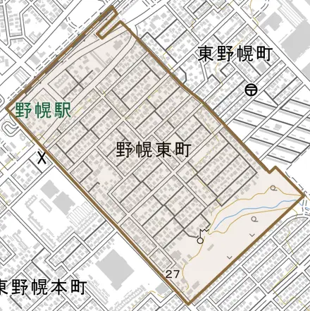 野幌東町とその周辺の地図。町の範囲を重ねている