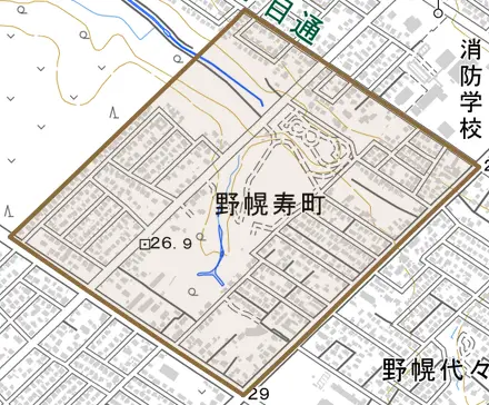 野幌寿町とその周辺の地図。町の範囲を重ねている