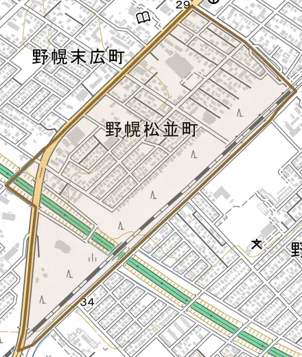 野幌松並町とその周辺の地図。町の範囲を重ねている