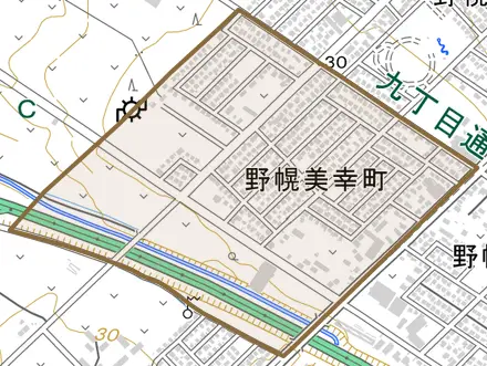 野幌美幸町とその周辺の地図。町の範囲を重ねている