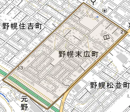 野幌末広町とその周辺の地図。町の範囲を重ねている