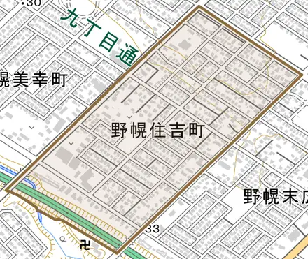野幌住吉町とその周辺の地図。町の範囲を重ねている