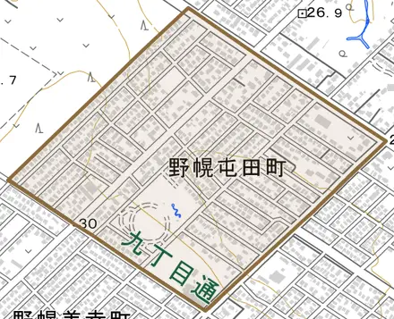 野幌屯田町とその周辺の地図。町の範囲を重ねている