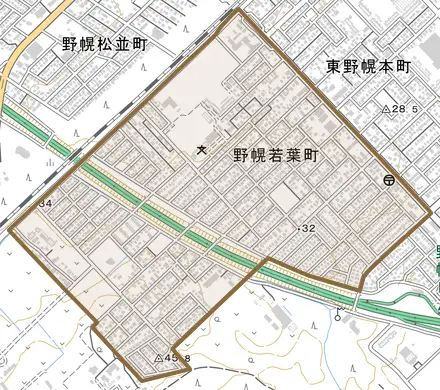 野幌若葉町とその周辺の地図。町の範囲を重ねている