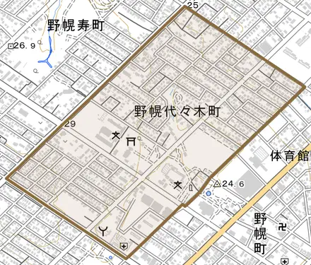 野幌代々木町とその周辺の地図。町の範囲を重ねている