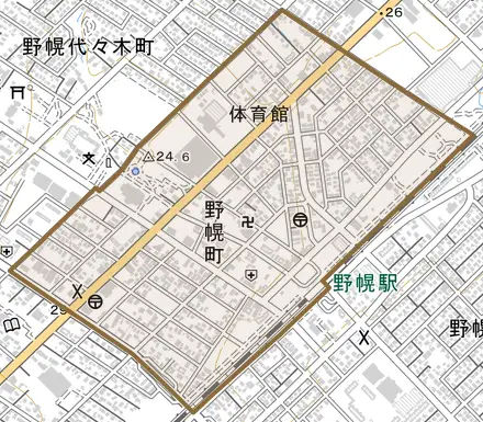野幌町とその周辺の地図。町の範囲を重ねている