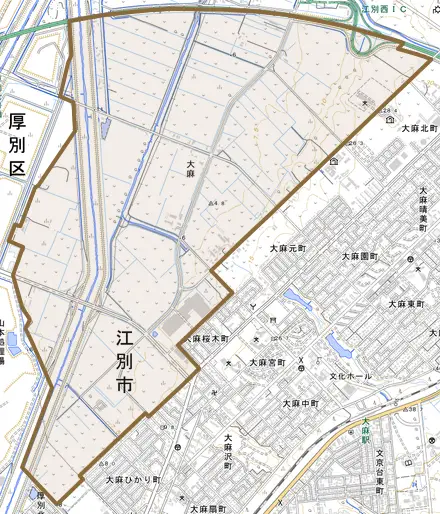 大麻とその周辺の地図。町の範囲を重ねている