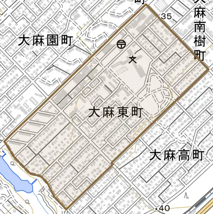 大麻東町とその周辺の地図。町の範囲を重ねている