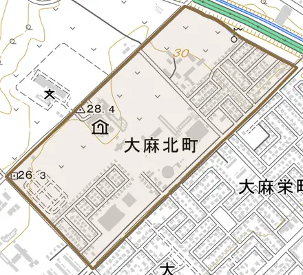 大麻北町とその周辺の地図。町の範囲を重ねている