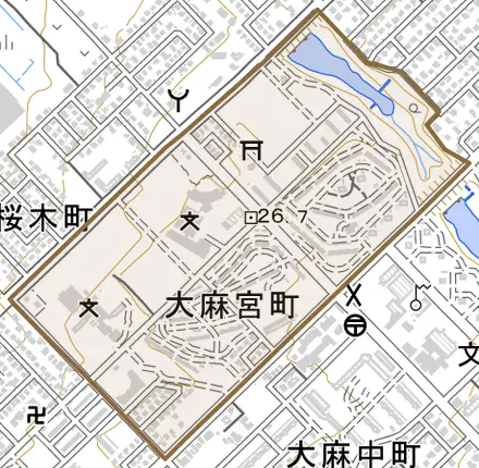 大麻宮町とその周辺の地図。町の範囲を重ねている