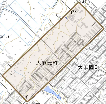 大麻元町とその周辺の地図。町の範囲を重ねている