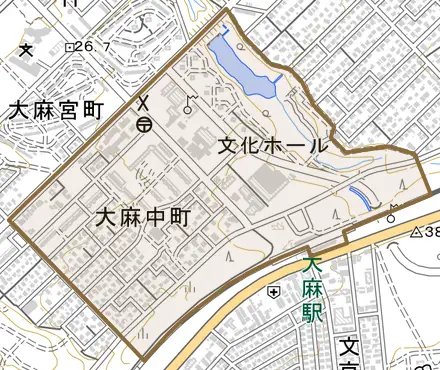 大麻中町とその周辺の地図。町の範囲を重ねている