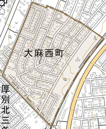大麻西町とその周辺の地図。町の範囲を重ねている