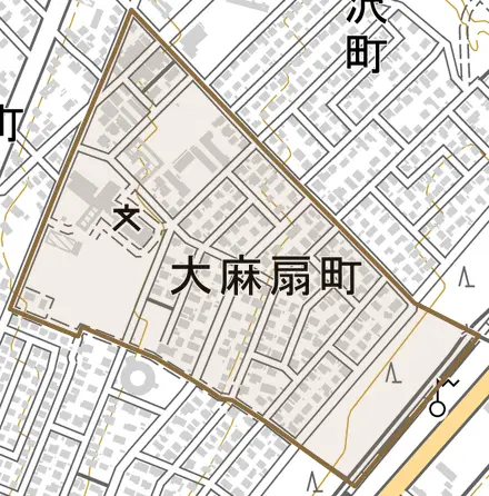 大麻扇町とその周辺の地図。町の範囲を重ねている