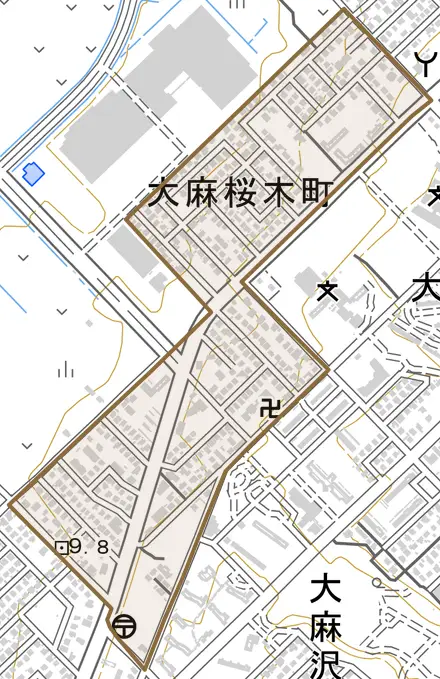 大麻桜木町とその周辺の地図。町の範囲を重ねている