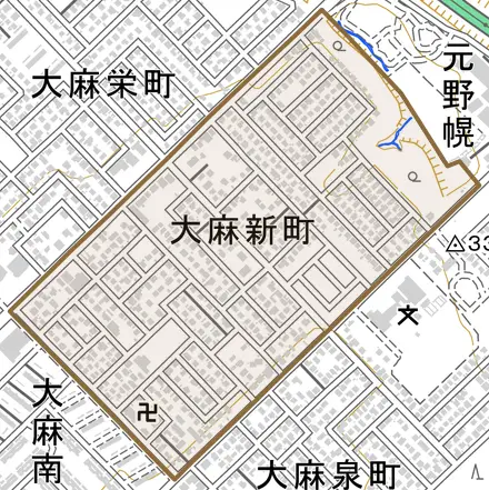 大麻新町とその周辺の地図。町の範囲を重ねている