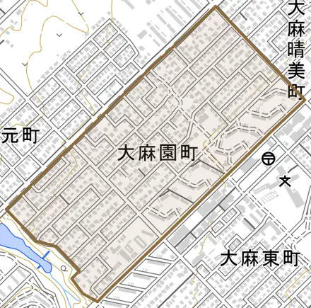 大麻園町とその周辺の地図。町の範囲を重ねている