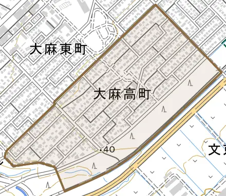 大麻高町とその周辺の地図。町の範囲を重ねている