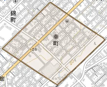 幸町とその周辺の地図。町の範囲を重ねている
