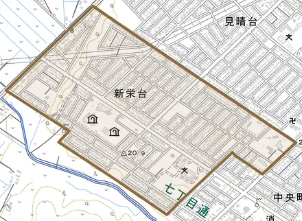 新栄台とその周辺の地図。町の範囲を重ねている