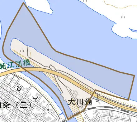 大川通とその周辺の地図。町の範囲を重ねている