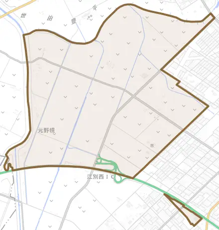 元野幌とその周辺の地図。町の範囲を重ねている