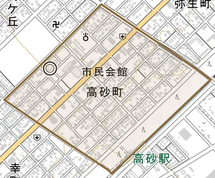 高砂町とその周辺の地図。町の範囲を重ねている