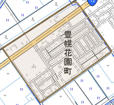 豊幌花園町とその周辺の地図。町の範囲を重ねている