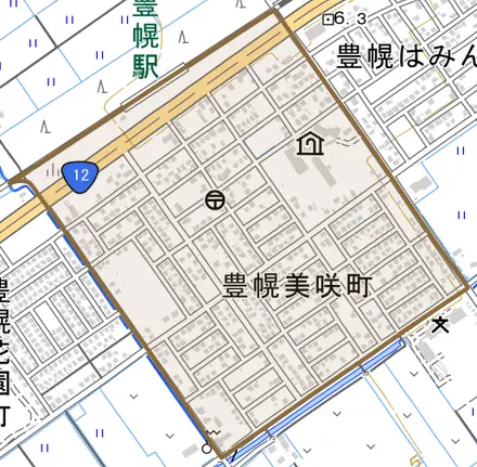 豊幌美咲町とその周辺の地図。町の範囲を重ねている