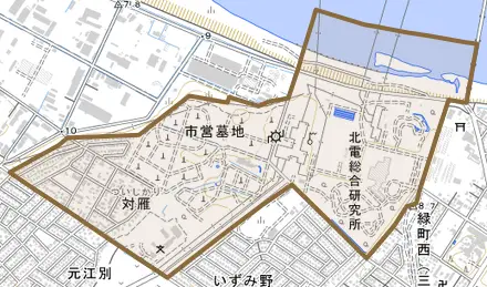 対雁とその周辺の地図。町の範囲を重ねている
