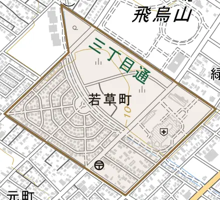 若草町とその周辺の地図。町の範囲を重ねている